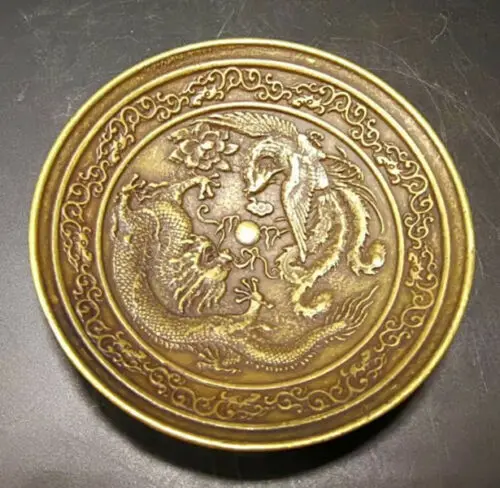 Exquisite Chinese Old Brass Hand-Carved Dragon & Phoenix Dish Plate Antique Decorative Kitchenware Collectible