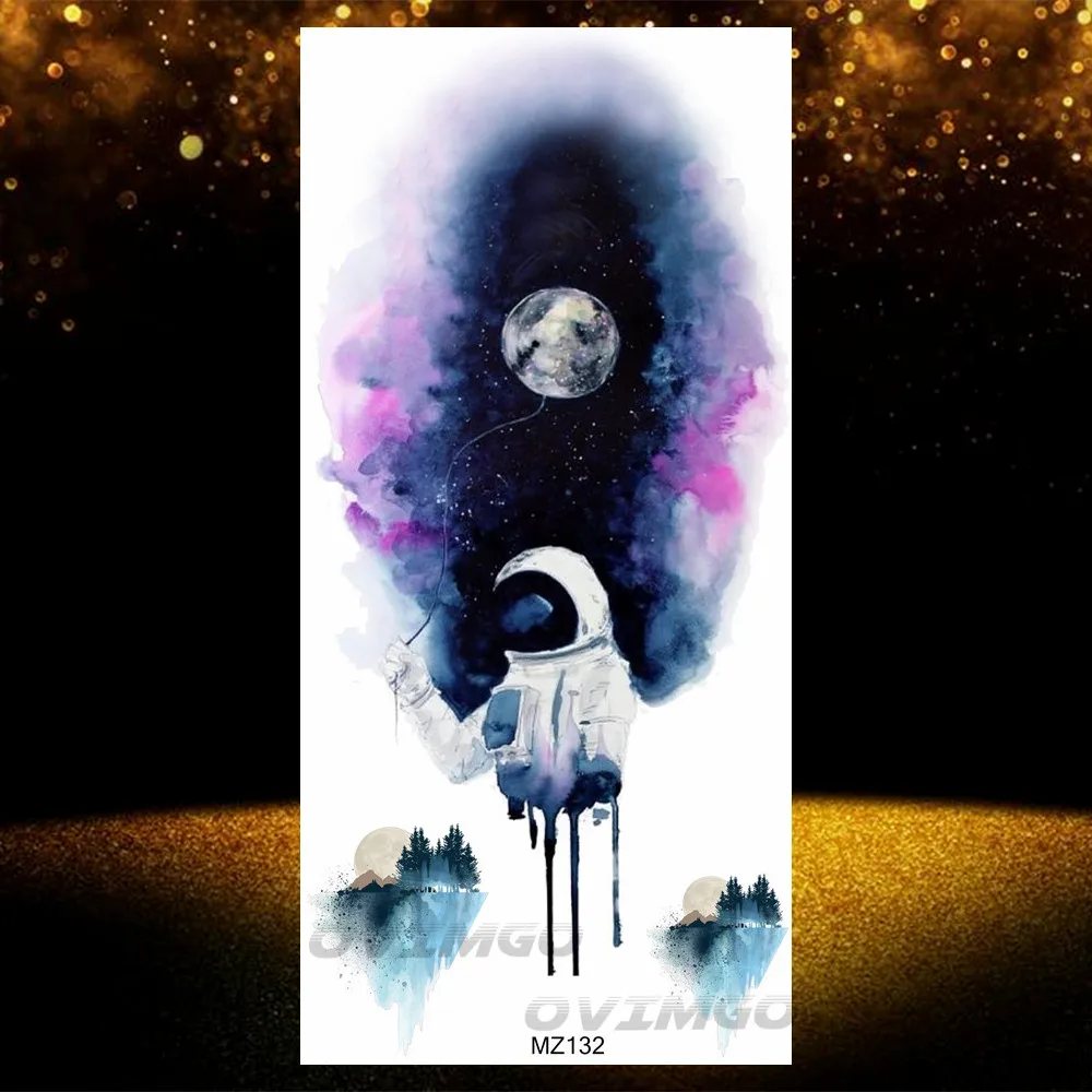 Blue Watercolor Galaxy Astronaut Temporary Tattoos Outer Space Man Body Art Fake Tattoos Stickers Forearm Planets Thinker Tatoos image 4