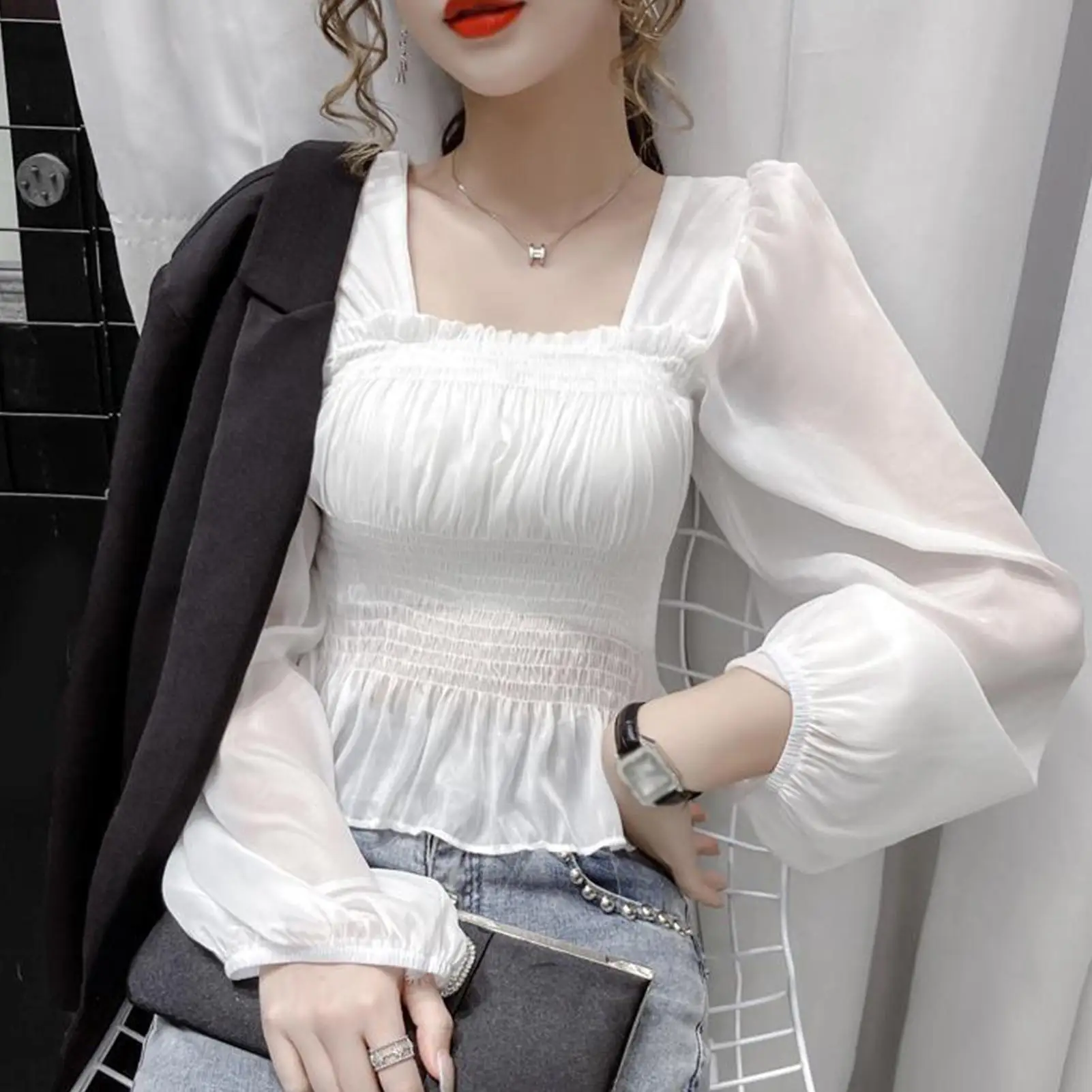 Sexy Women Long Puff Sleeve Square Neck Waist Tight Chiffon Thin Blouse Top