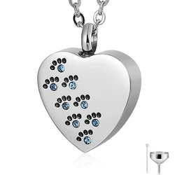 Pet Cat Dog Paw Print Cremation Jewelry for Ashes Wearable Urn Necklace with 3 Colors Crystal Keepsake Memorial Pendant