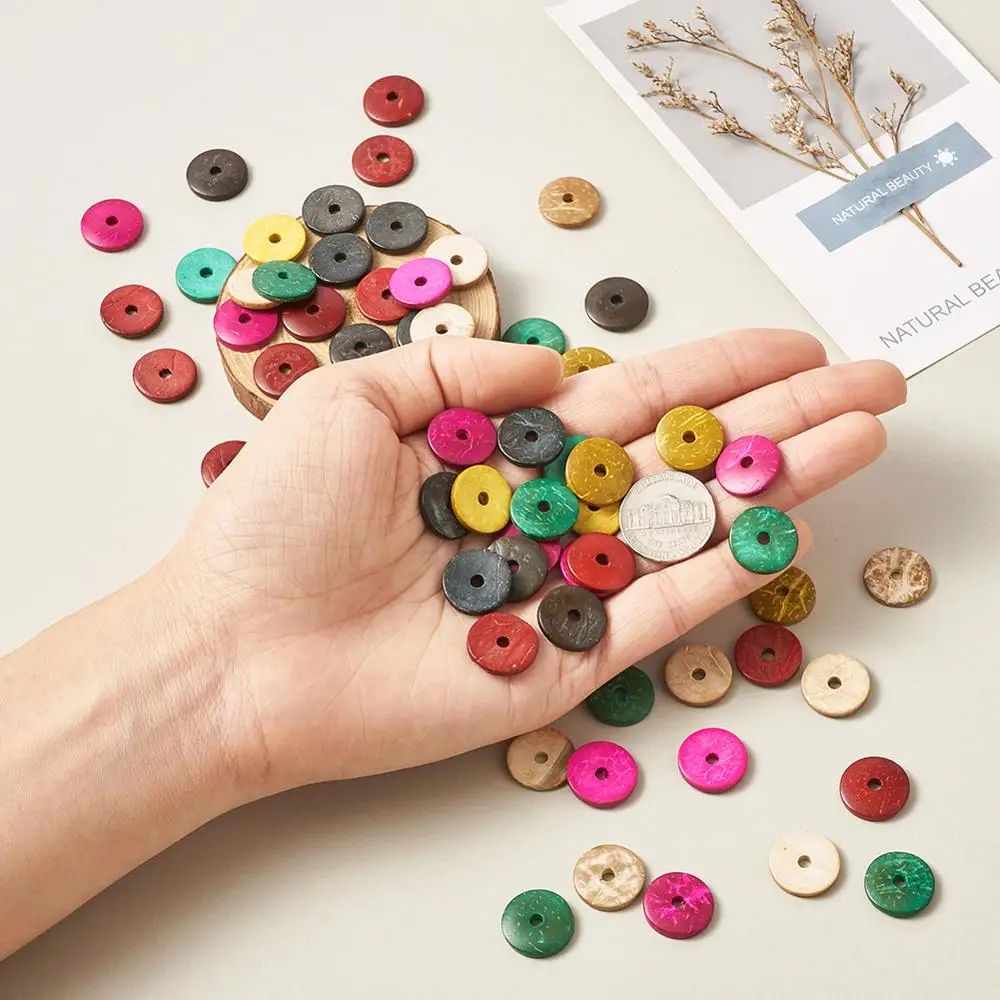 100pcs 15mm Natural Coconut Beads Heishi Disc Flat Round Loose Charms Spacer Beads for Jewelry Making DIY Bracelets Mixed Color