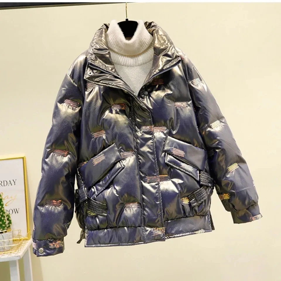 2021 New Winter Puffer Jacket Women Fashion Sequins Casual embroidery Short Overcoat Female Down Cotton Padded Parkas Coat