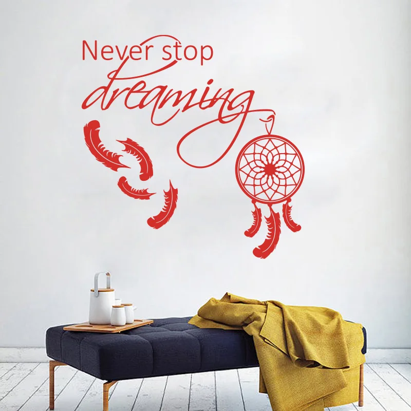 Dreamcatcher Never Stop Dreaming Wall Sticker Inspirational Quote Catcher Wall Decal Kids Room Baby Nursery Vinyl Decor