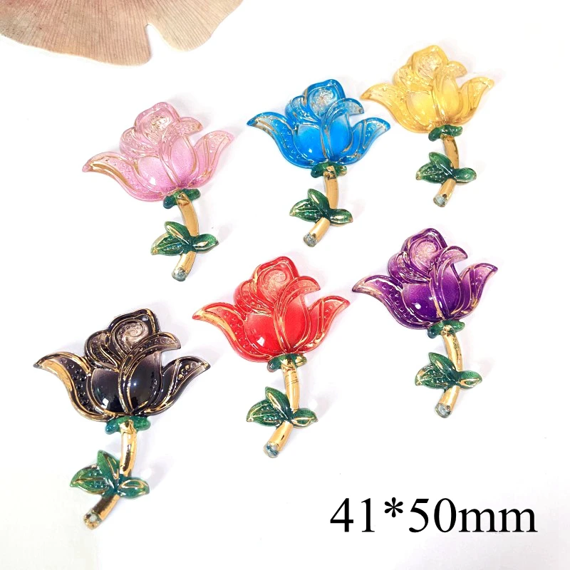 Large Rose Flower 41*50mm Resin Butterfly Figurine Craft Flatback Cabochon Ornament Jewelry Making Bag Hair Accessories 10Pcs