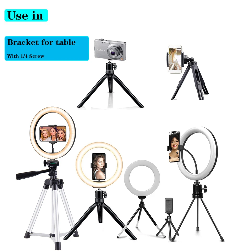 Photographic Lighting Stand Fill Light Phone Holder Stand Adjustable Tripod Suit For Ring Light With 1/4 Screw Desktop Ring Lamp