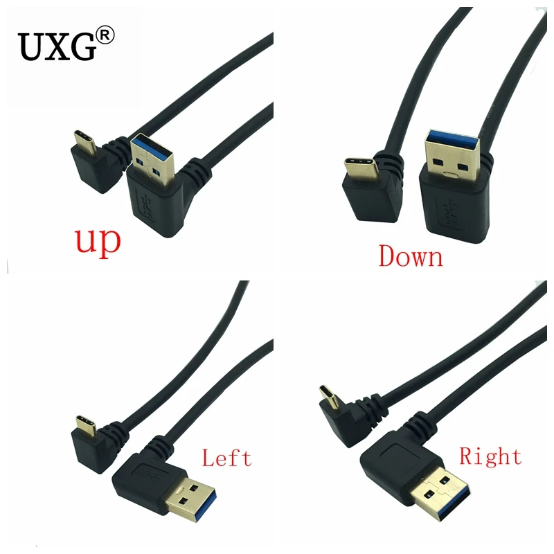 Gold Plated 90 degree Right Angle USB 3.0 Type-A Male to USB3.1 Type-C Male Up/Down Angle USB Data Sync & Charge Cable Connector