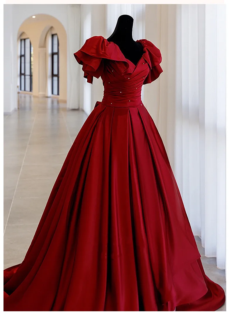 Premium Charming Pearl Wine Red Wedding Dress Lace Up Back Cap Sleeve Ball Gown Bridal Dress Court Train Luxury Evening Dress