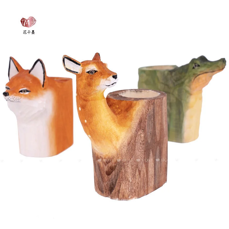 2021 New Hand-made Solid Wood Pen Holder Ornaments Animal Elk Cartoon Art Stationerystudents' Holiday Gifts