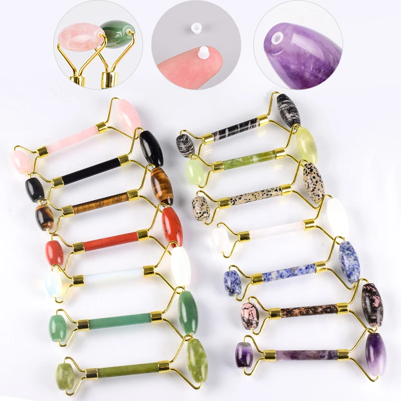 

Wholesale Natural Stone Face Roller With Silicone Caps Keep Mute Massage Crystal Rose Quartz Mineral Neck Gua Sha Tool Health