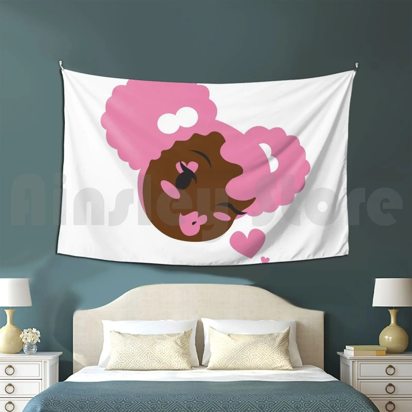 Pink Puffs And Kisses Tapestry Living Room Bedroom Pink Black Art African American Art Black Girl Art Afro Afro Puffs