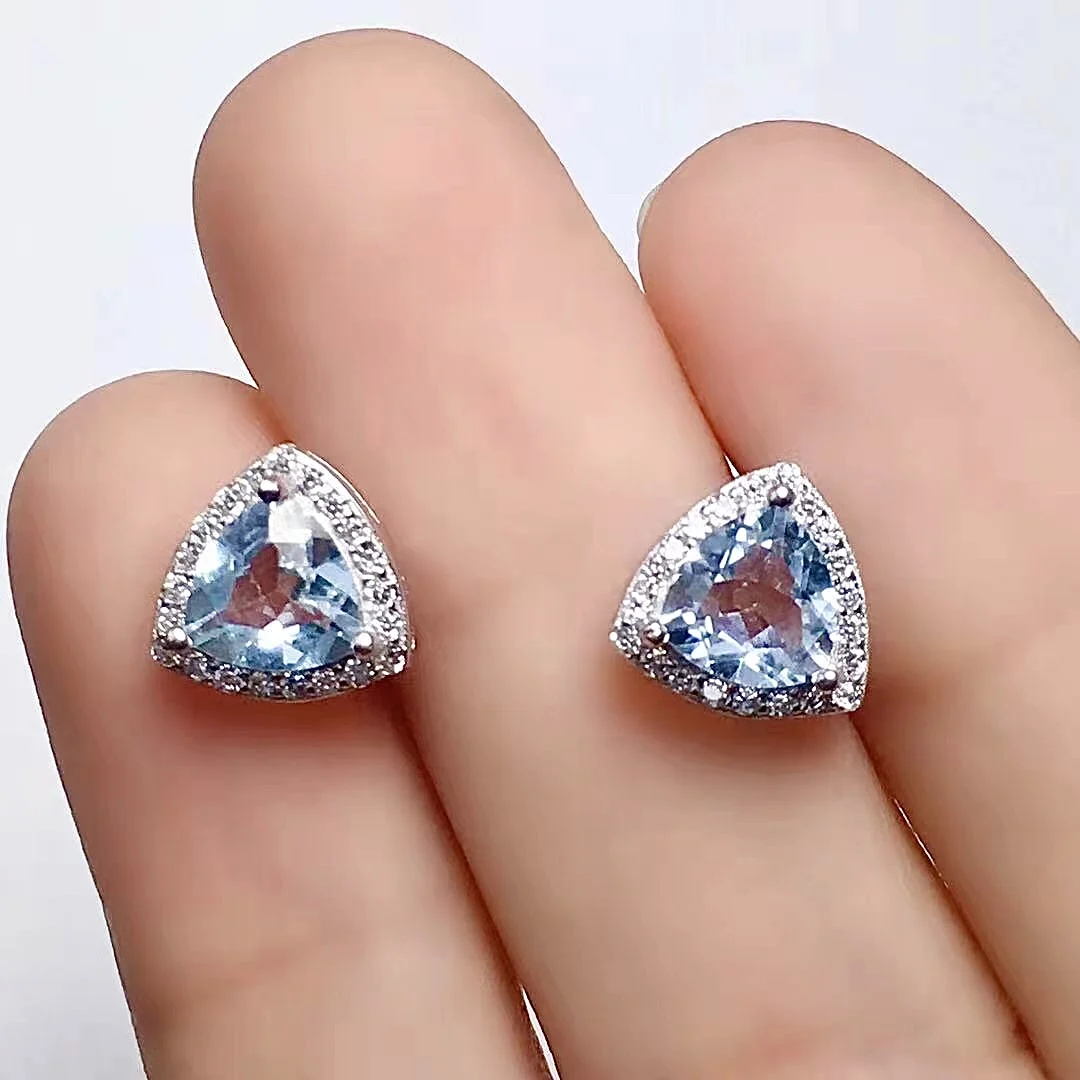 100% Natural Aquamarine Stud Earrings for Party 6mm Trillion Cut Aquamarine Earrings 925 Silver Aquamarine Jewelry