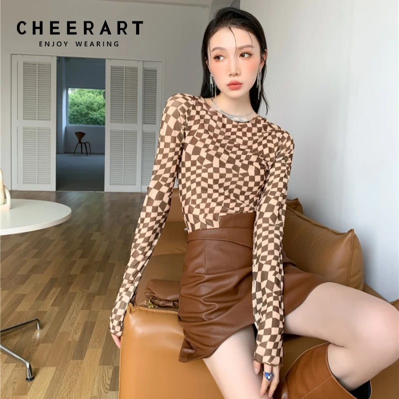 CHEERART Brown Checked Long Sleeve Tees Boat Neck T Shirt Women Bodycon Y2k Fashion Tshirt Autumn Trendy Clothes For Women