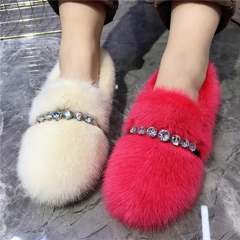 

Luxury Mink Fur Women Flats Crystal Winter Warm Espadrilles Casual Loafers Flat Shoes Female Moccasins Furry Driving Shoes