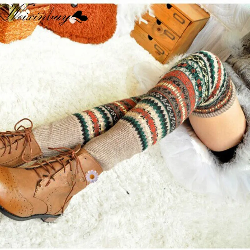 Moonbiffy Women Winter Elegant Over Knee Long Knit cover Patchwork Colorful Ladies Crochet Vintage Leg Warmers Legging Chic