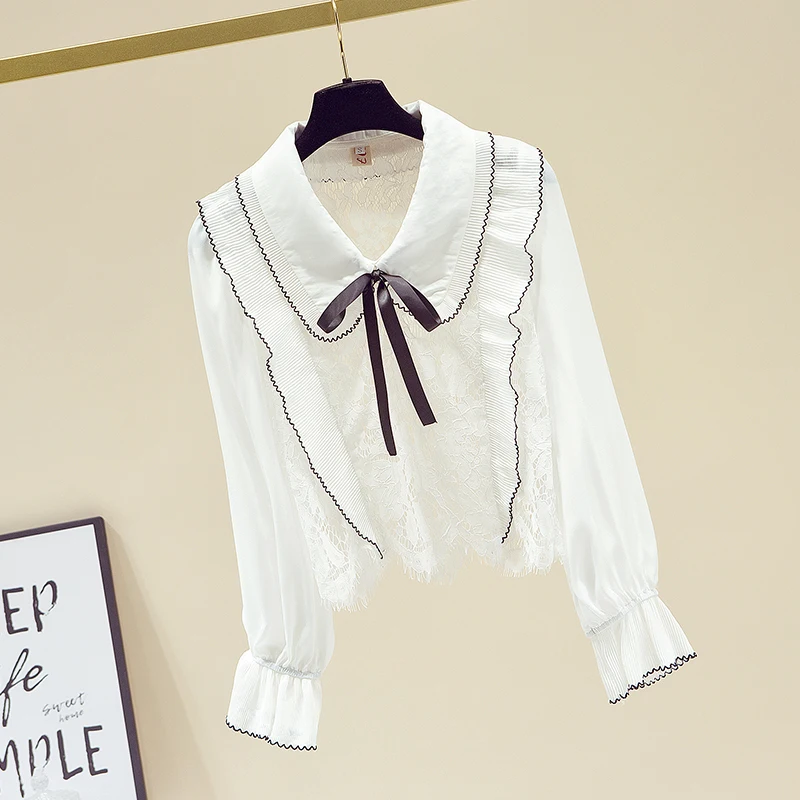 Blusas Elegantes Women 2021 Spring Trumpet Sleeve Ruffled Hollow Chiffon Shirt Bow Doll Collar White Shirt for Sweet Girl Blouse