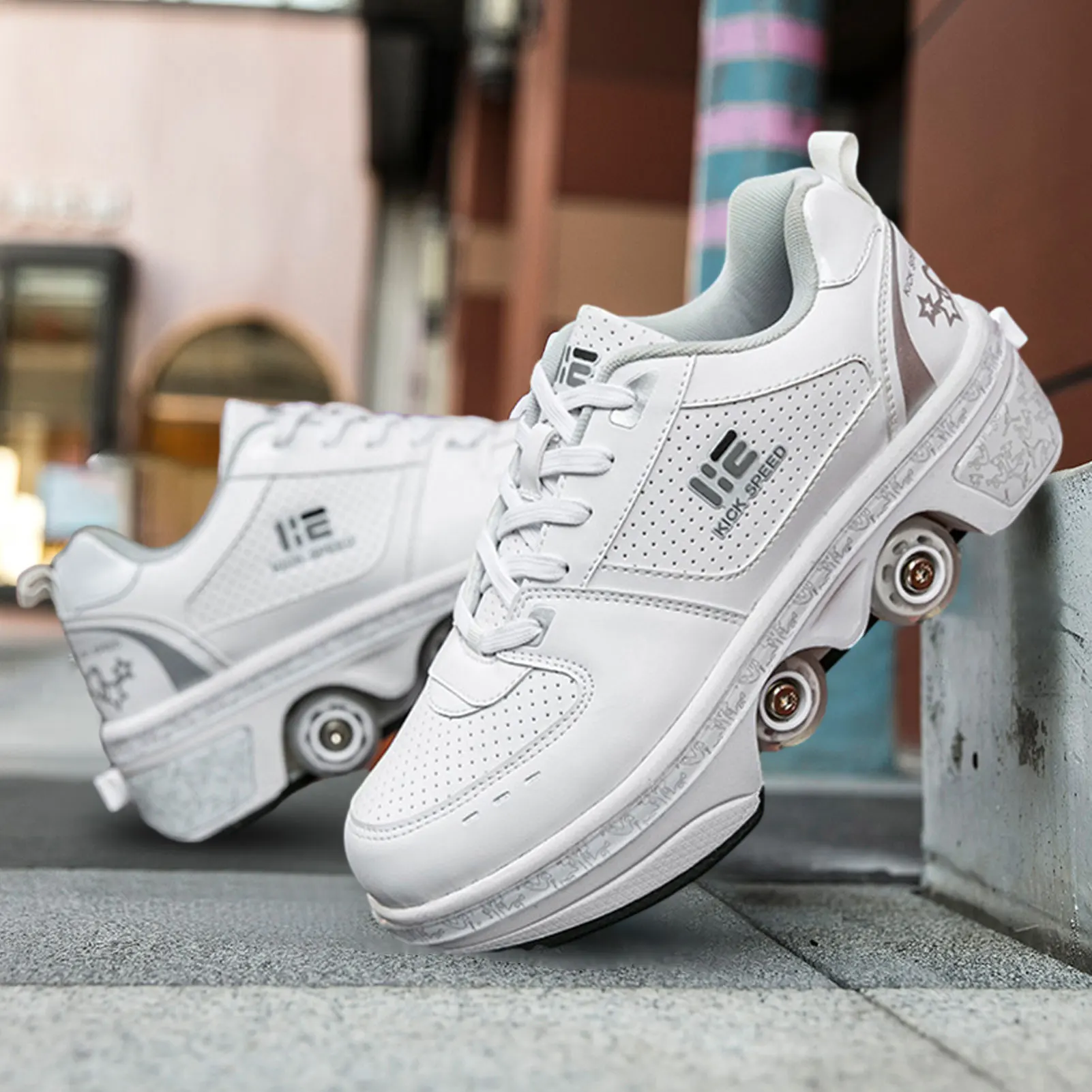 Dual-purpose roller skates double-row deformation shoes white low-top four-wheeled multi-function deformed roller skates