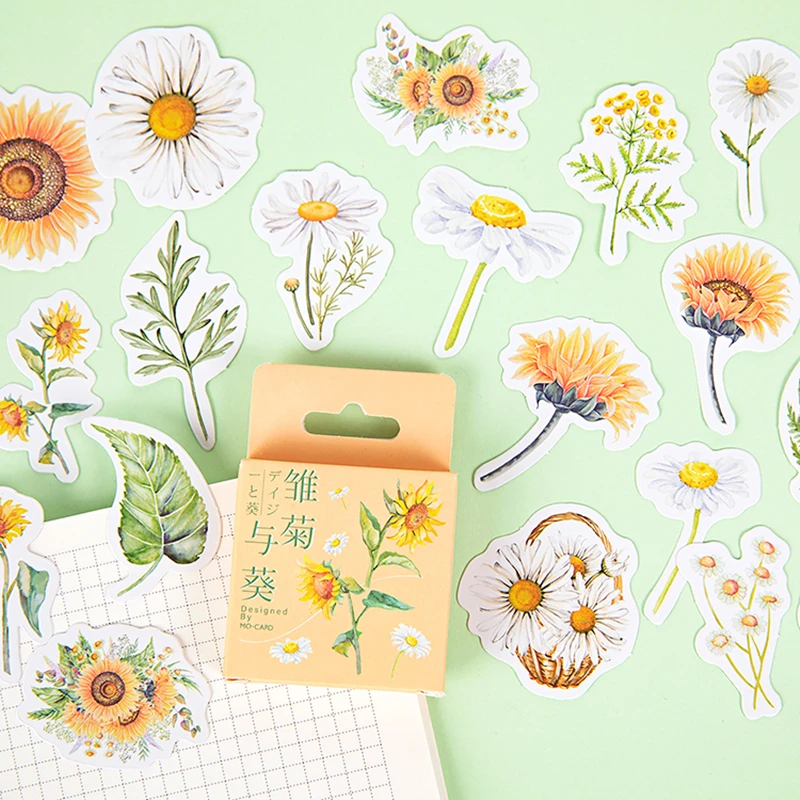 46pcs Daisy Flower and Sunflower Sticker Set 40mm Mini Floral Stickers Decoration Adhesive Post Letter Diary Gift Seal A6422