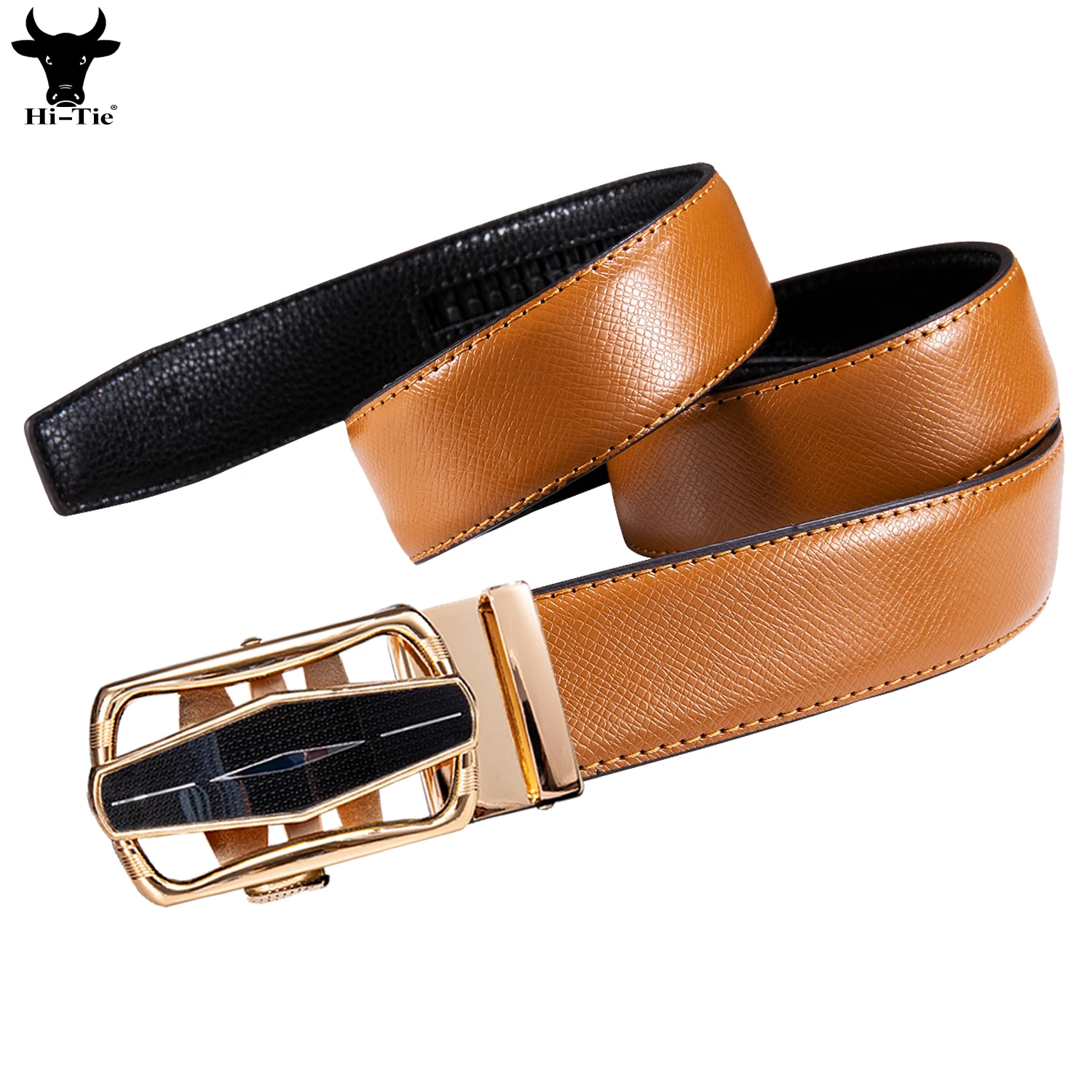 

Hi-Tie Orange Real Leather Mens Belts Metal Automatic Buckles Ratchet Adult Waist Belt for Dress Jeans Pants Trousers Girdle XL