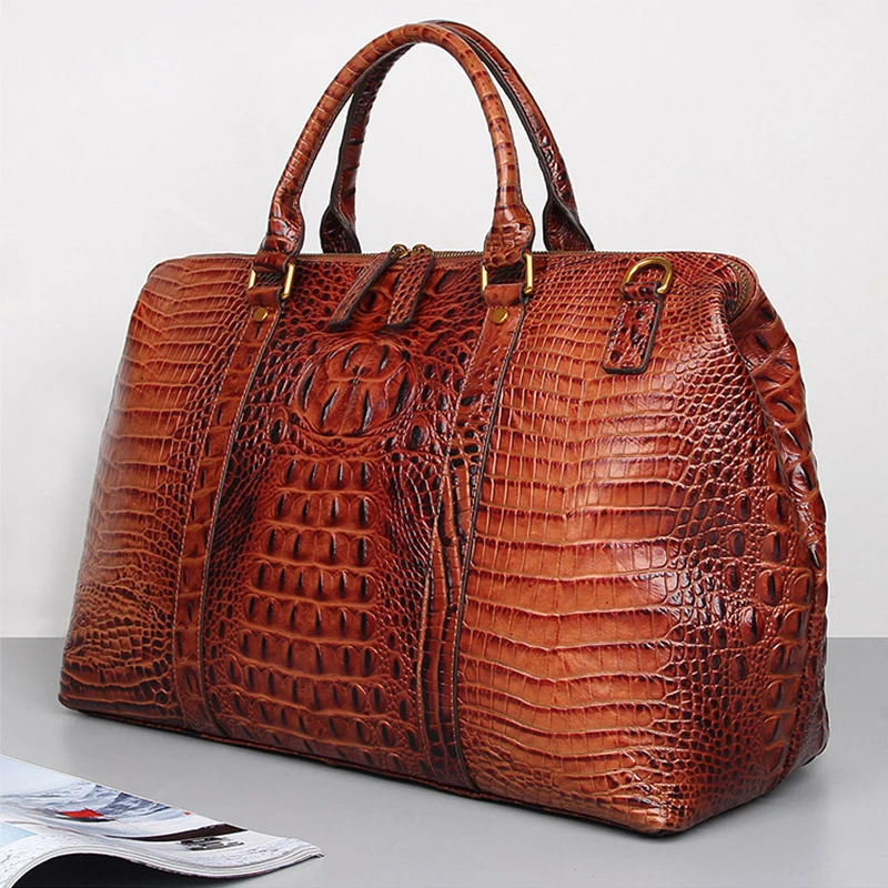 MAHEU High Fashion Men Women Leather Travel Duffle Bag Top Layer Cowhide Handbag Laptop Female Business Bag Alligator Pattern