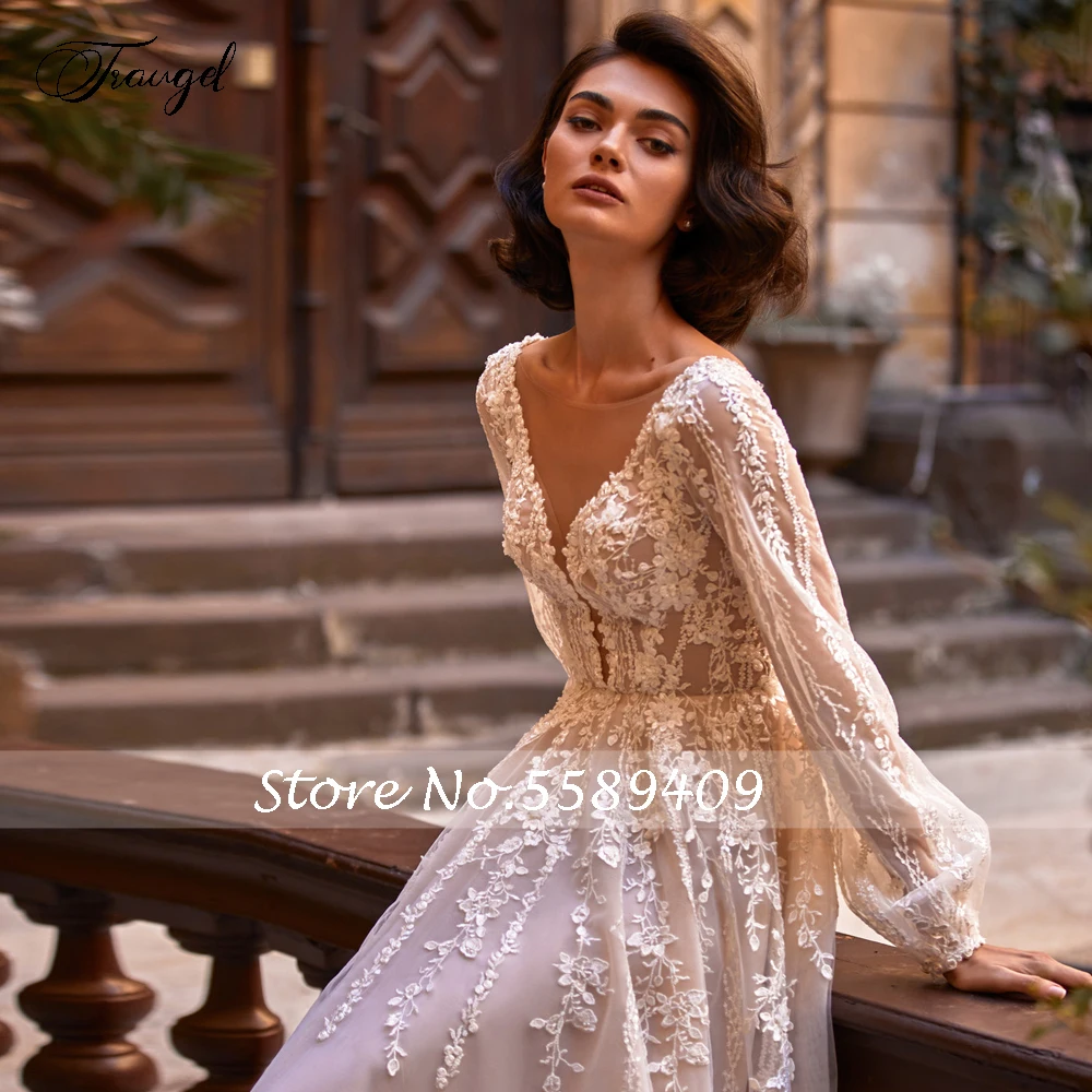 Traugel A-Line Beach Romantic Wedding Dresses O-Neck Puff Long Sleeve Vestido De Novia 3D Flowers Appliques Bridal Gowns