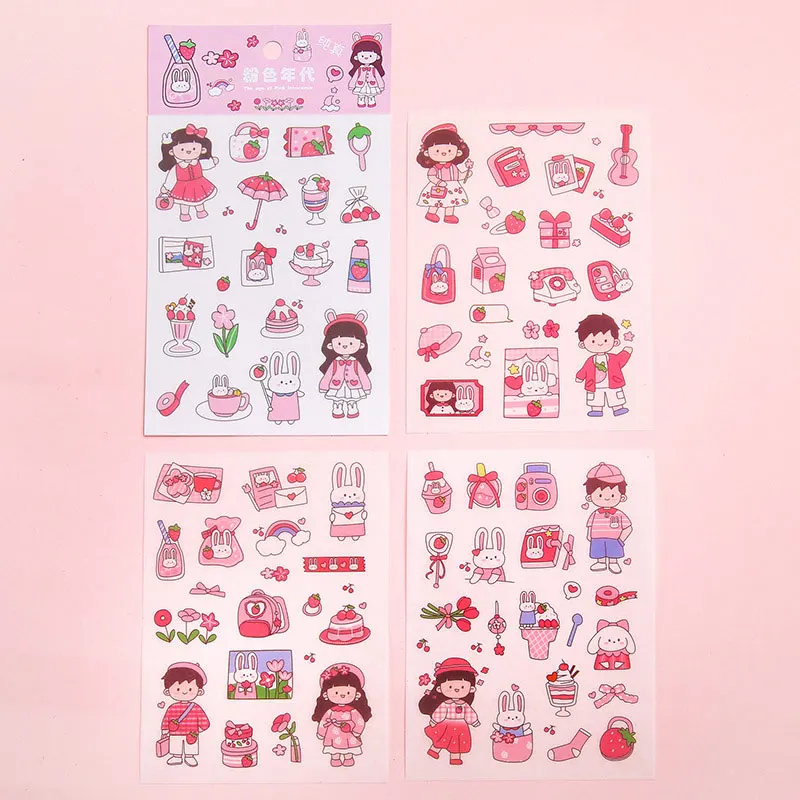 4 Lembar/Set Stiker Alat Tulis Kartun Kawaii Jurnal Harian Kantor Buku Tempel Dekorasi DIY Label Perekat Anak-anak Anak-anak