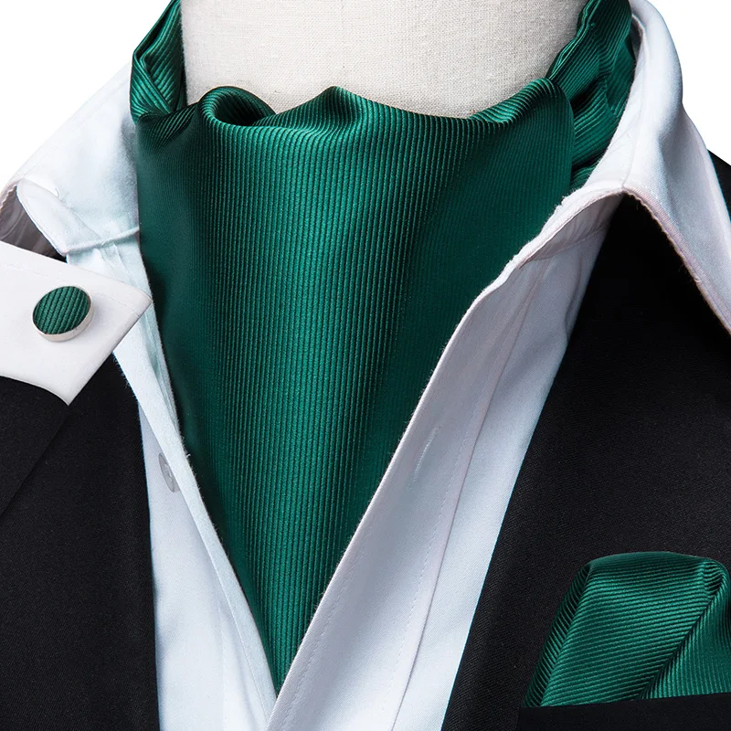 Green Solid Silk Ascot Cravat Tie Scrunch Self British style Gentleman Dress Scarves Ties Wedding Party Ascot Hanky Set Hi-Tie