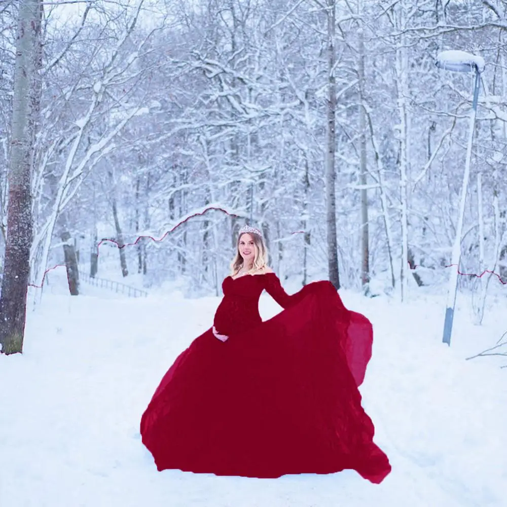 Vestido maxi de maternidade de renda, vestidos para sessão de fotos, manga longa, ombro de fora, roupas de gravidez + vestido de malha, mulheres grávidas, fotografia