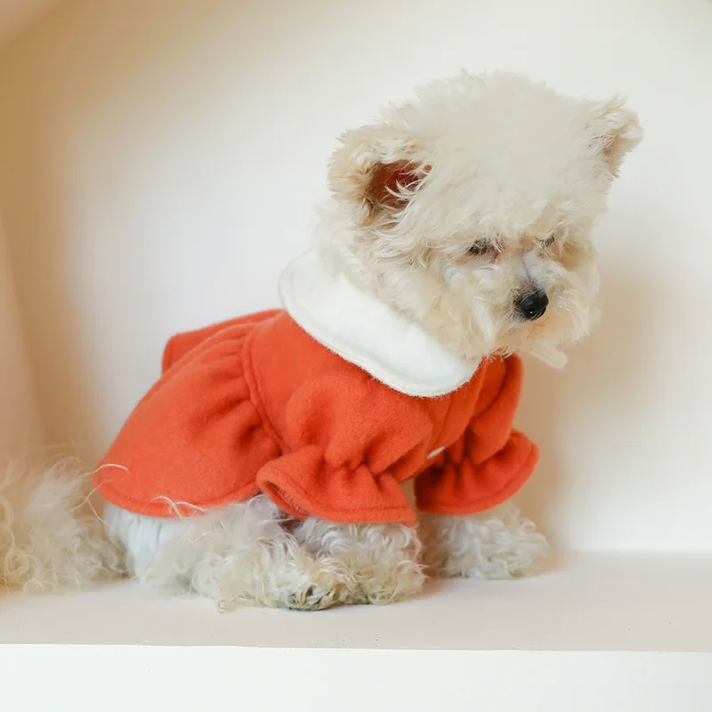 Winter Pet Dog Clothes Warm Dress Princess Puppy Doll Collar Flower Woolen Skirt Cold Tutu Coat Dress For Small Dogs Pet Apparel