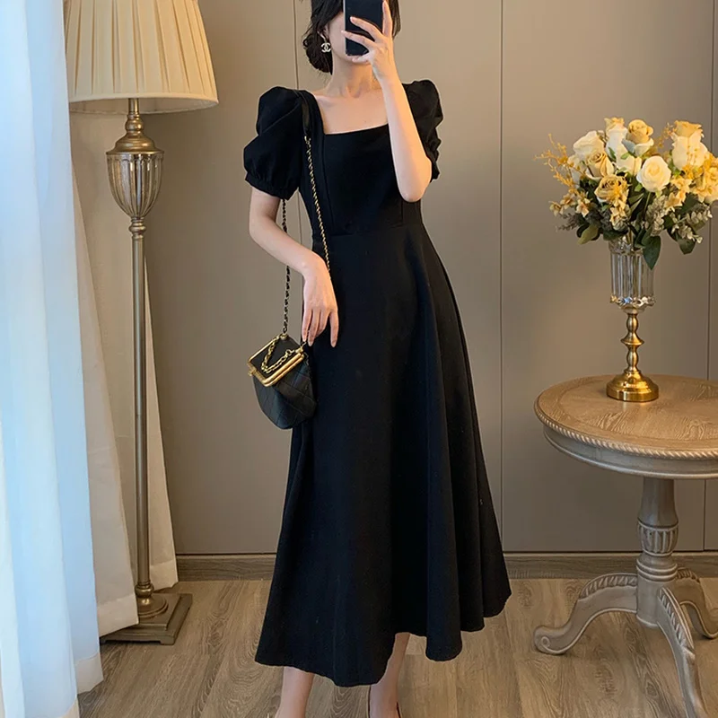 Puff Short Sleeve Dress Women A-line Midi Dresses Black Streetwear Elegant French Style Sexy Defined Waist Square Collar Mujer