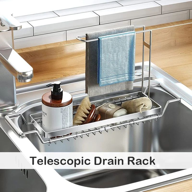 

Telescopic Sink Shelf Adjustable Sink Drain Rack Soap Sponge Storage Holder Bathroom Rack Kitchen Organizer