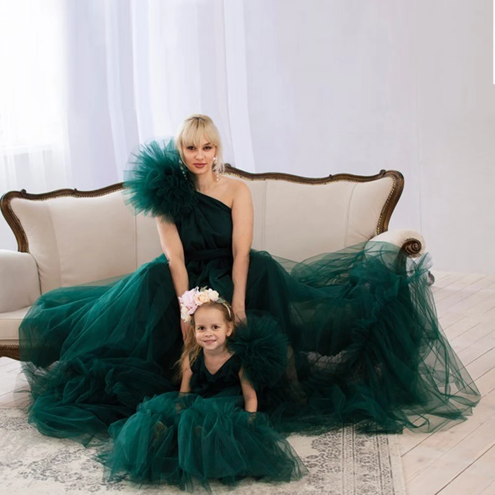 Emerald Mommy and Me Matching Long Dress Fluffy Tulle Pregnancy Gowns Photo Shoot Babyshower Dress Mother Daughter Evening Gowns