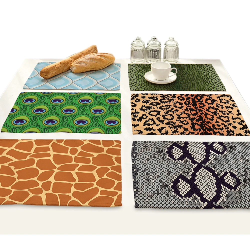 Animal Print Style Drink Coasters Table Mats for Dining Table Placemat Peacock Feather Leopard Snake Skin Zebra Tiger Pattern