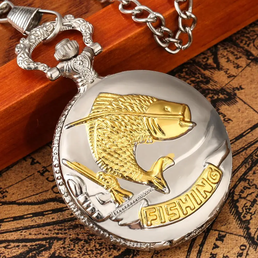 Luxury Fishing Design Quartz Pocket Watch Fob Gold Fish Pendant Clock Full Hunter 30cm Rough Chain Pocket Gifts for Mens reloj