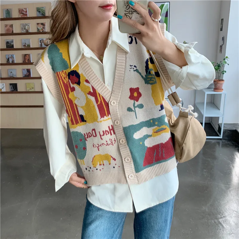 Women Buttons Vest 2023 Fashion Knitted Cartoon Jacquard Sweater Loose Vintage Waistcoat Chic Oversize Tops Girls Clothes Outfit