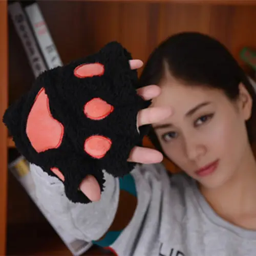 ฤดูหนาวผู้หญิงแมวน่ารัก Paw Plush Mittens Warm Soft สั้น Fingerless ถุงมือครึ่งนิ้ว