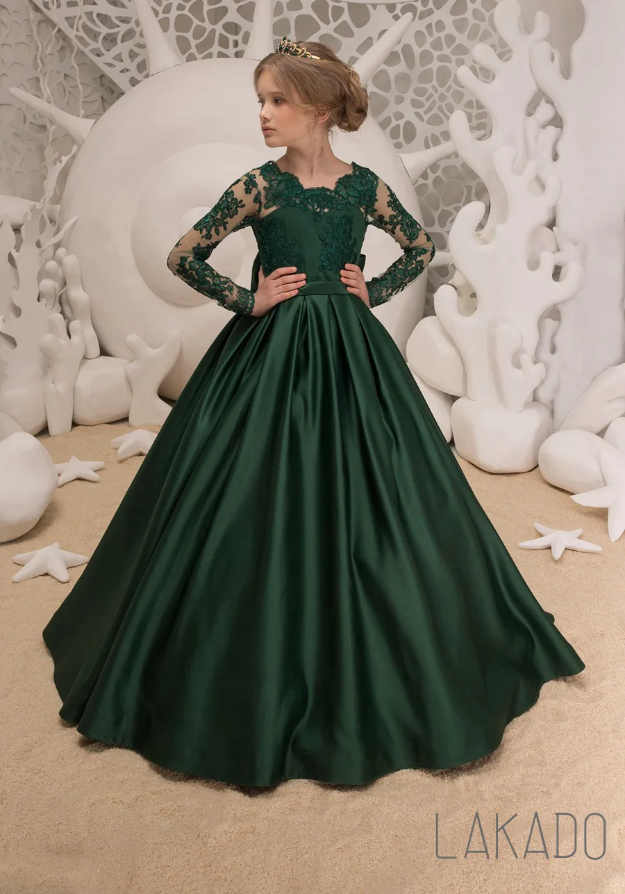 

Satin Dark Green Ball Gown Kids Pageant Dress with Lace Long Sleeves for Girls Aged 4-12 Years