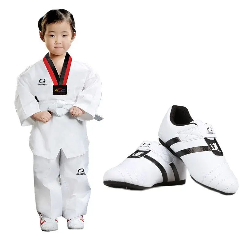 Hot Good quality taekwondo uniform Taekwondo shoes black V-neck karate dobok WTF approve cotton 1 set uniform+1 pair shoes