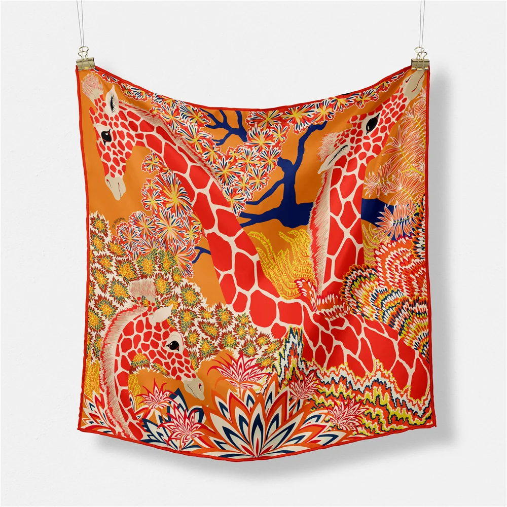 Twill Silk Scarf Woman Giraffe Painting Square Scarves Wraps Bandana Small Hijab Silk Foulards Tie Headband Neckerchief 53CM