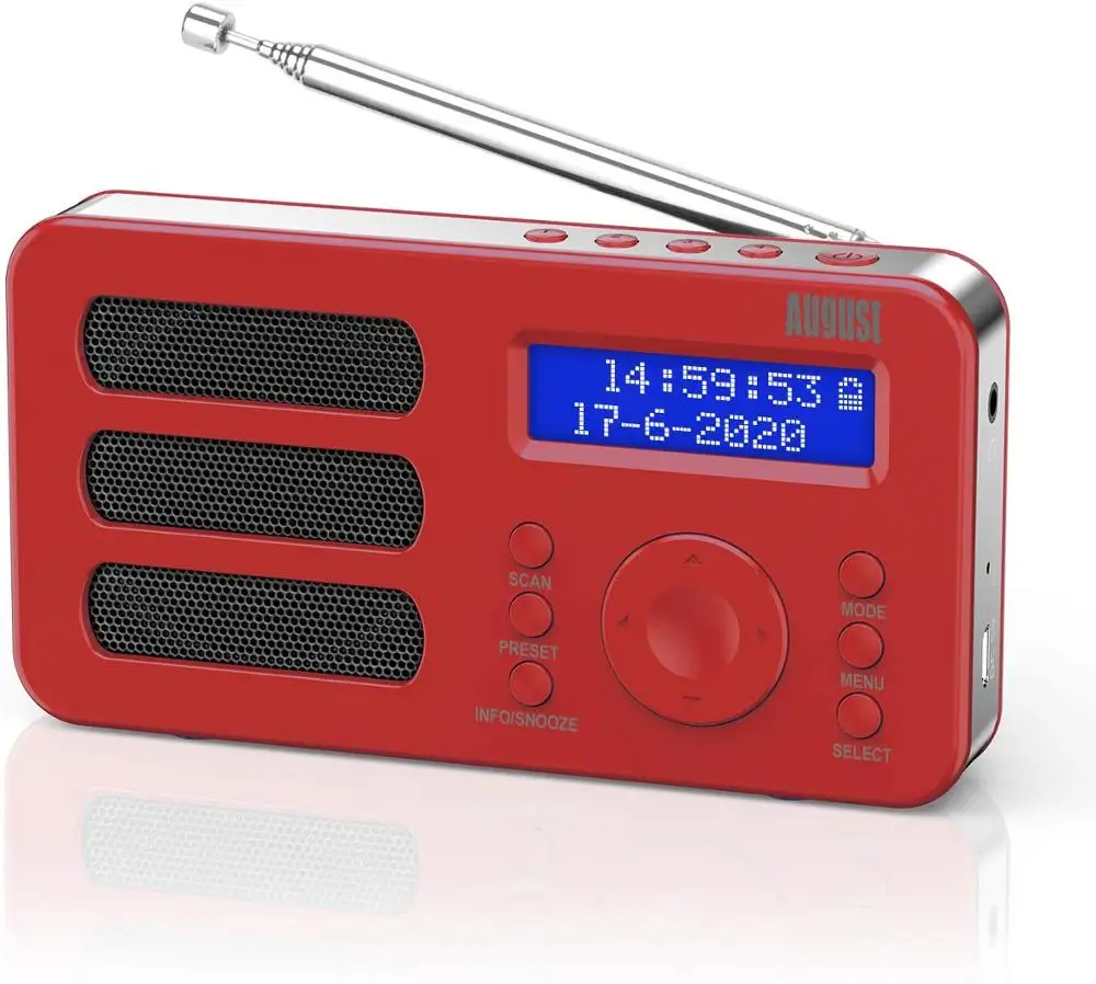 Portable Digital Radio August MB225 DAB/DAB +/FM RDS Function Dual Alarm Stereo/Mono Speaker Rechargeable Battery with LCD Red