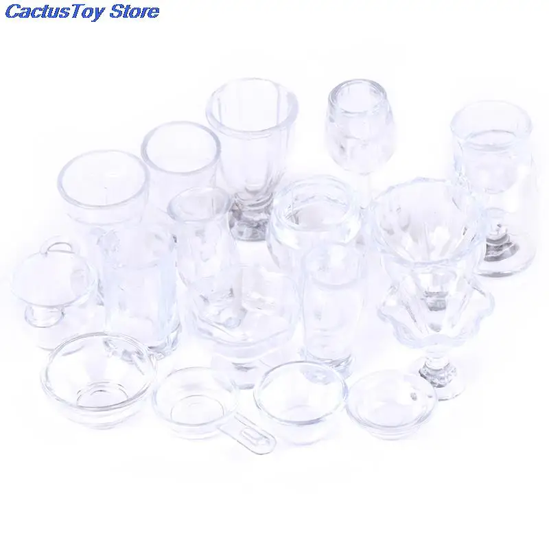 17ピース/セット1:12ドールハウスドリンクカップ皿食器ミニチュアミニ透明diyふり再生キッチン玩具