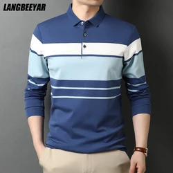 Top Quality New Fashion Designer Brand Striped Plain Mens Long Sleeve Polo Shirt Casual Turn Down Collar Tops Mens Clothing 2023