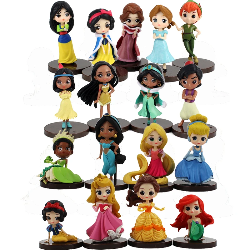 17pcs 6-8cm Princess Q Posket Snow White Cinderella Belle Mulan Mermaid Tangled Aladdin Action Figure Mini Model Toys Kids Gift