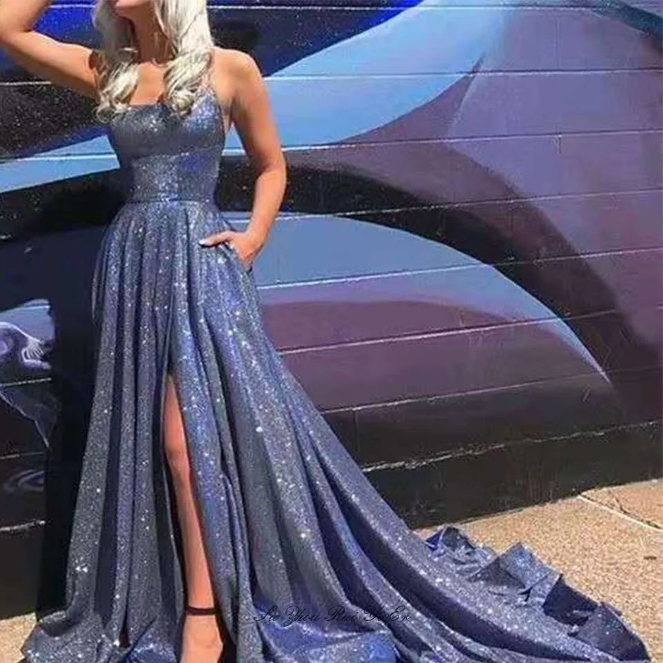 Vestido de festa azul com glitter, novidade, festa noturna, brilhante, com laço, costas nuas, noite, vestido longo