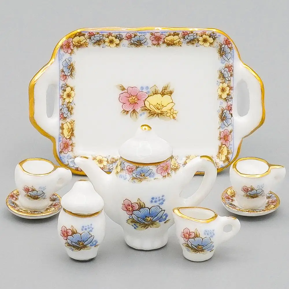 Odoria 1:12 Miniature 8PCS Porcelain Chintz Tea Cup Set Teapot Teaware Kettle Kitchen Dollhouse Accessories Doll House Decor