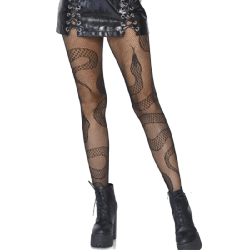 Women Sexy Fishnet Pantyhose Evil Black Snake Jacquard Patterned Anime Tights Drop Shipping