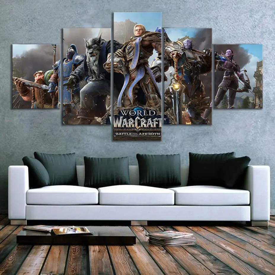 No Framed Canvas 5 Pcs Alliance WOW Game Battle for Azeroth Wall Art Posters Picture Paintings Home Decor Living Room Decoration