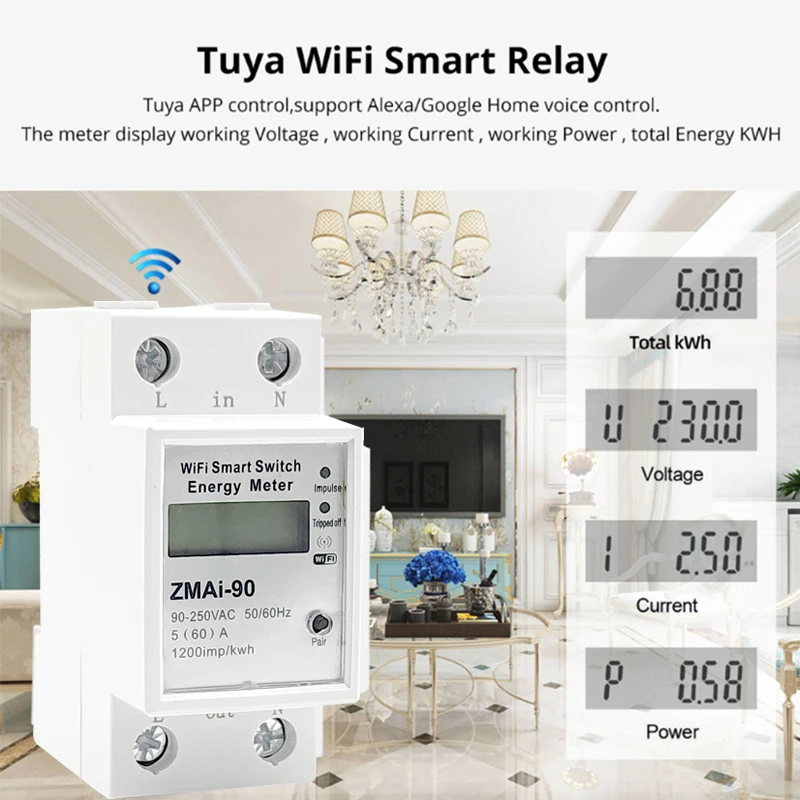 5(60)A wifi kwh meter consumo elettrico digitale kWh DIN Rail Smart Energy Meter misuratore di potenza WiFi con display