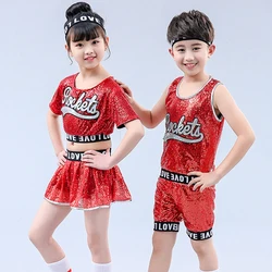 Children Red Sequined Jazz Dance Costume For Girls Ballroom Party Dance Wear Kids Hip Hop Jazz Dancing Dress