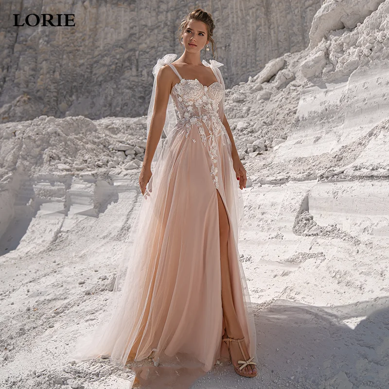 

LORIE A Line Champagne Wedding Dress Beach Sweetheart Appliqued Lace Bride DressesStraps Side Split Wedding Gown 2022