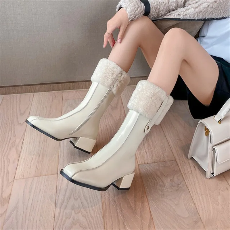 2024 New Winter Fashion Women Boots Lamb Wool Real Wool Boots Square Toe Female Thick Heel Knee High Boots High Heels